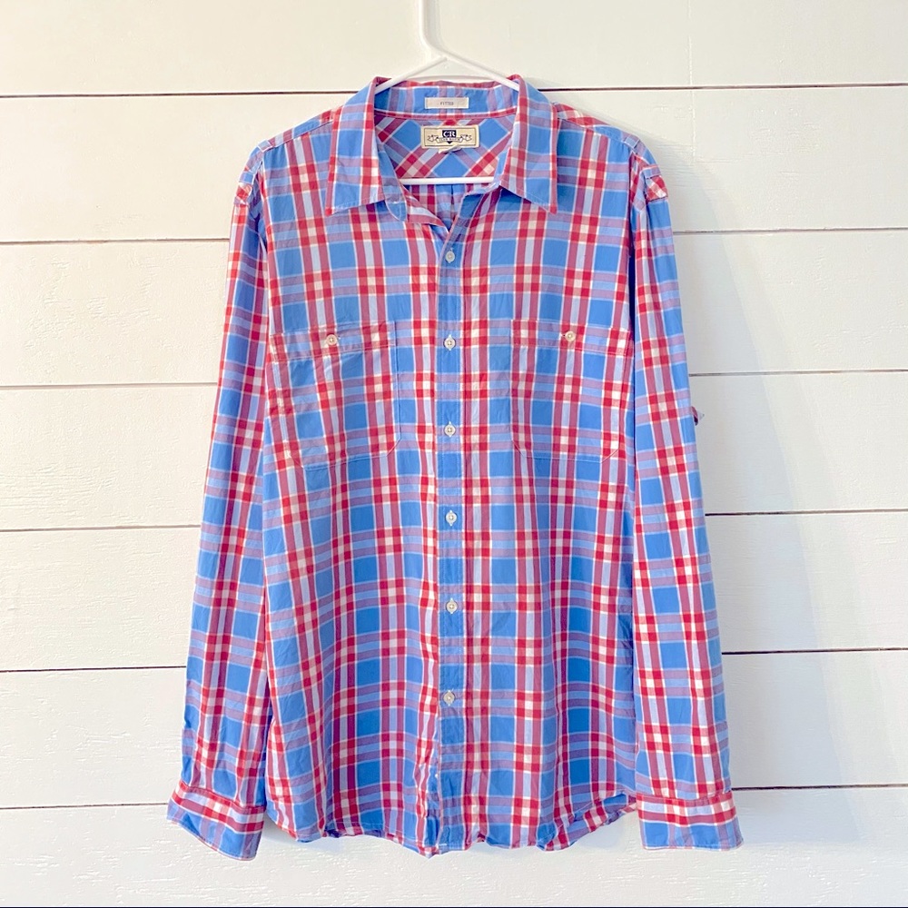 Club Room Fitted Button Down Blue Red Plaid | XL